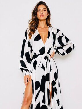 Fashion Nova Black and White Abstract Wrap Maxi Dress